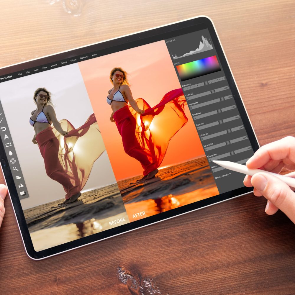 Photographer editing photo on digital tablet, before and after color correction Photographer editing photo on digital tablet, before and after color correction